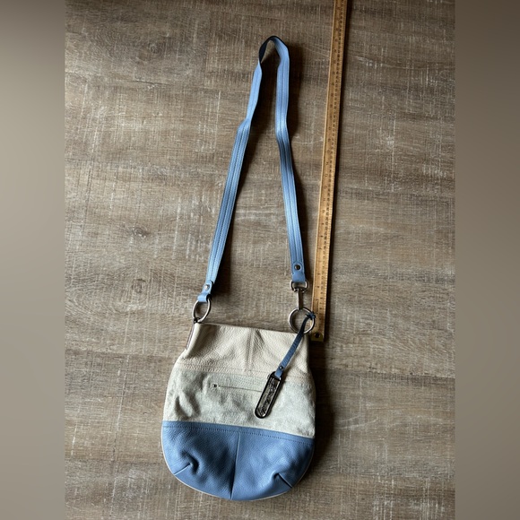 ▶️ B Makowsky Colorblock Leather Crossbody Bag Cream Silver Blue EXCELLENT - Picture 6 of 16